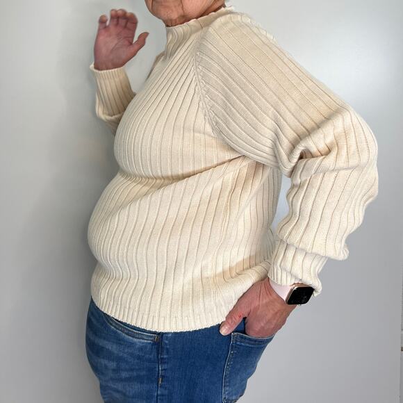 Vintage 90s Ribbed Knit Sweater Ivory Mock Neck Long Sleeve Sag Harbor Fisherman - Picture 5 of 6